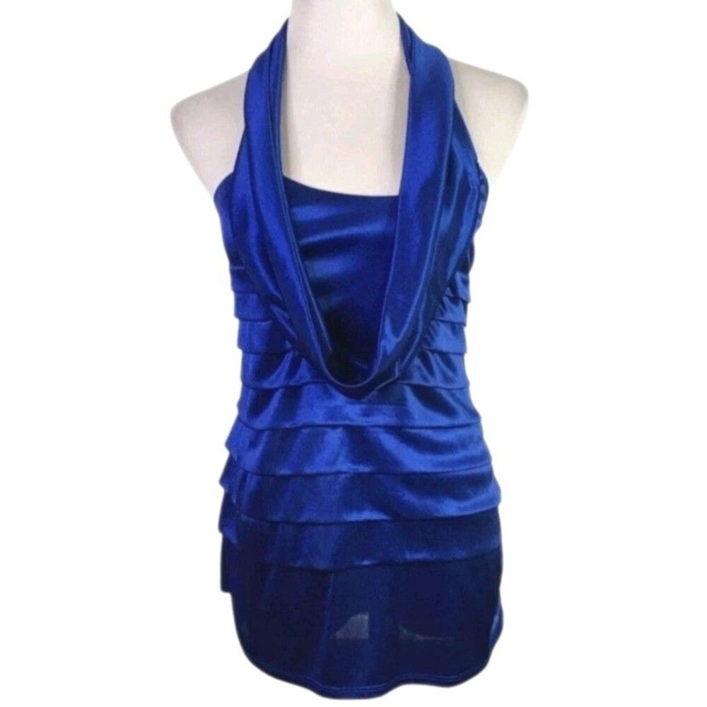 Studio Y Royal Blue Satin Y2K Rock Cowl Neck Halter Top Blouse Women SZ XL